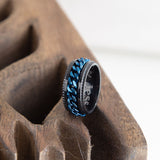 Black Blue Chain Spinner Ring for Men, Fidget Spinner Ring, Wide