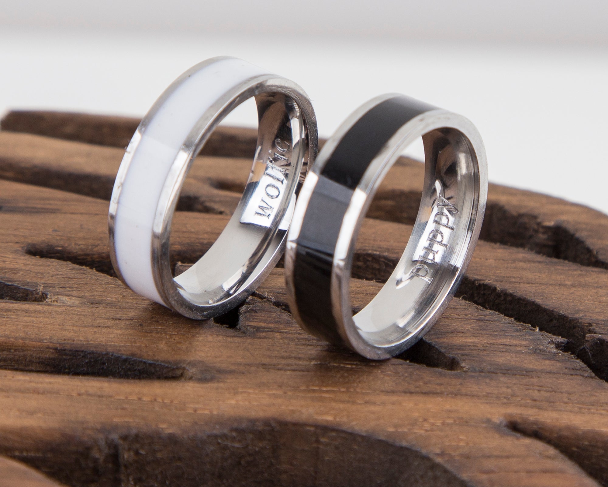 Couple Rings Black and White Personalized Couple Gift, Stainless Steel