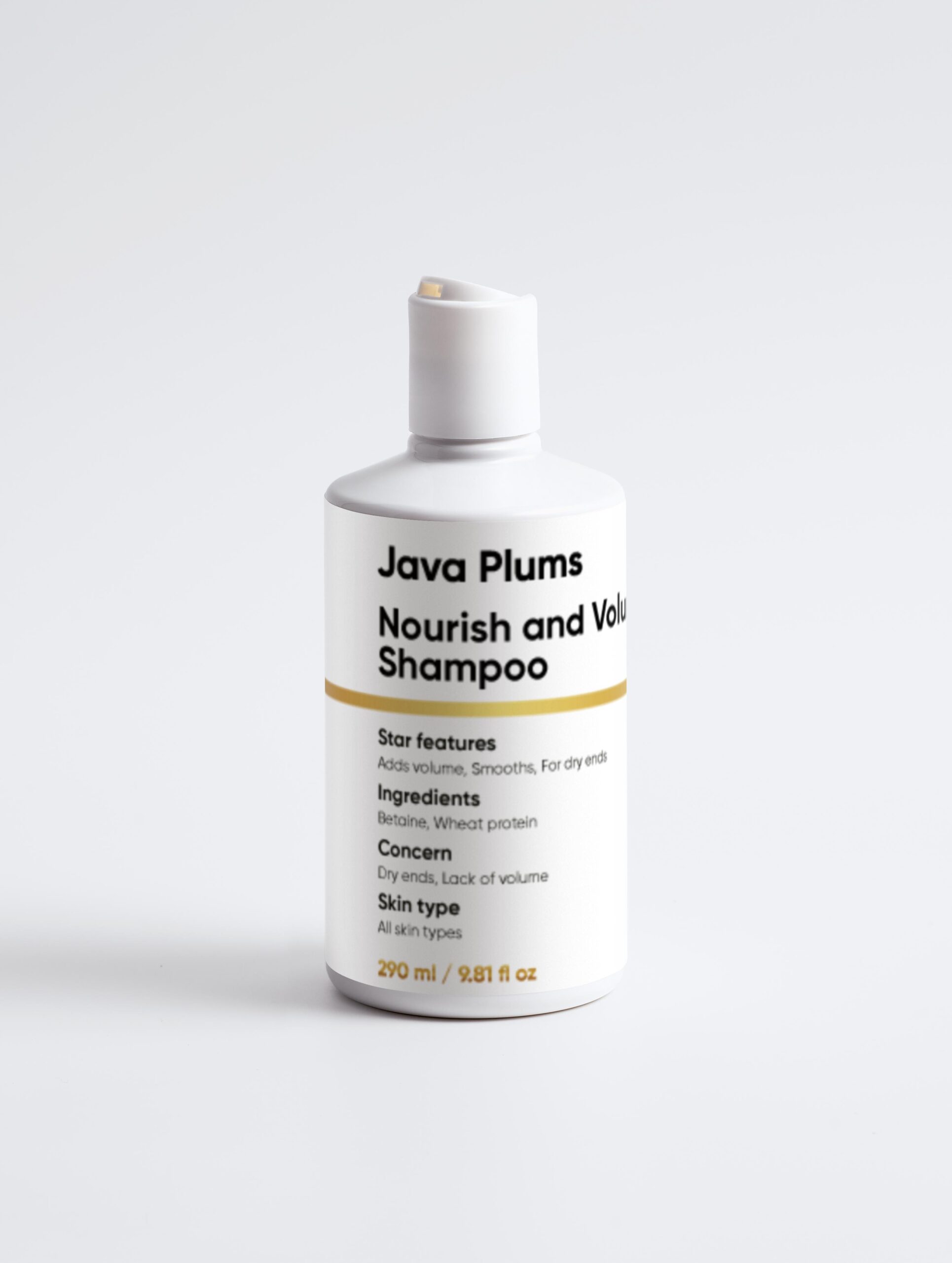 Nourish and Volumize Shampoo with Wheat Protein and Betaine for soft, smooth, and voluminous hair.