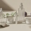 Unlabelled serum bottle, cream jar and eye cream tube arranged on cream linen with plums and eucalyptus, representing an anti-aging skincare routine