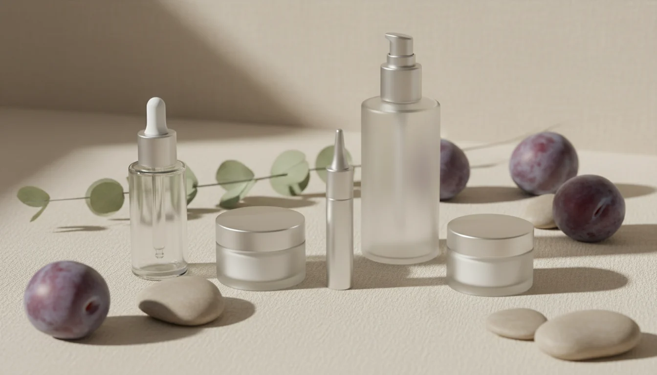 Unlabelled serum bottle, cream jar and eye cream tube arranged on cream linen with plums and eucalyptus, representing an anti-aging skincare routine