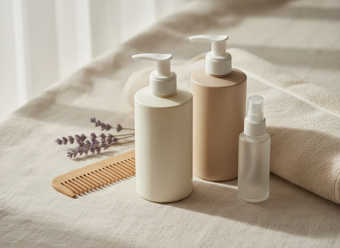 Unlabelled shampoo, conditioner and leave-in mist bottles on cream linen with a wooden wide-tooth comb and a folded towel