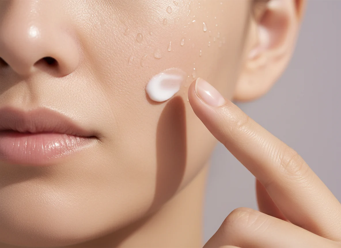 Close-up of a woman's cheek with water droplets and a dab of moisturiser on her fingertip