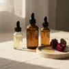 Unlabelled glass dropper bottles of face oil with golden oil droplets on a cream linen surface with plum-coloured dried flowers