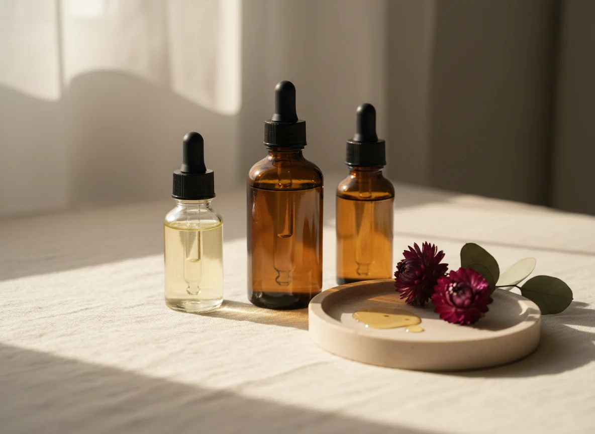 Unlabelled glass dropper bottles of face oil with golden oil droplets on a cream linen surface with plum-coloured dried flowers