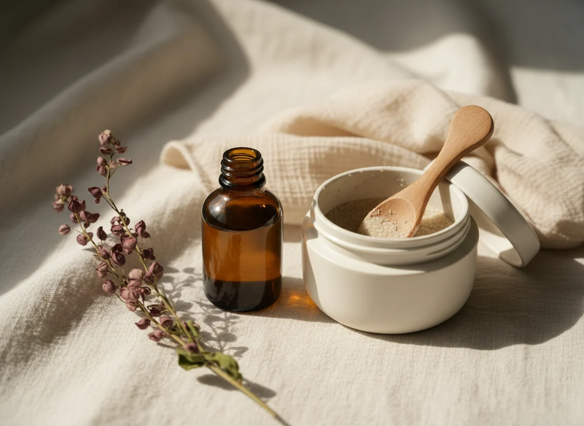 Unlabelled exfoliating serum bottle and a jar of fine face scrub on cream linen with a muslin cloth and dried plum flowers