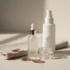 Unlabelled skincare bottles and a gel jar on cream linen with plum petals, illustrating a pore care routine