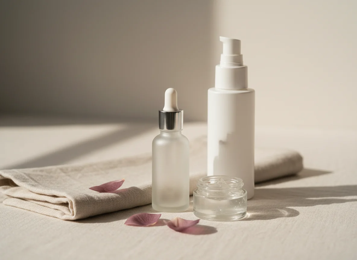 Unlabelled skincare bottles and a gel jar on cream linen with plum petals, illustrating a pore care routine