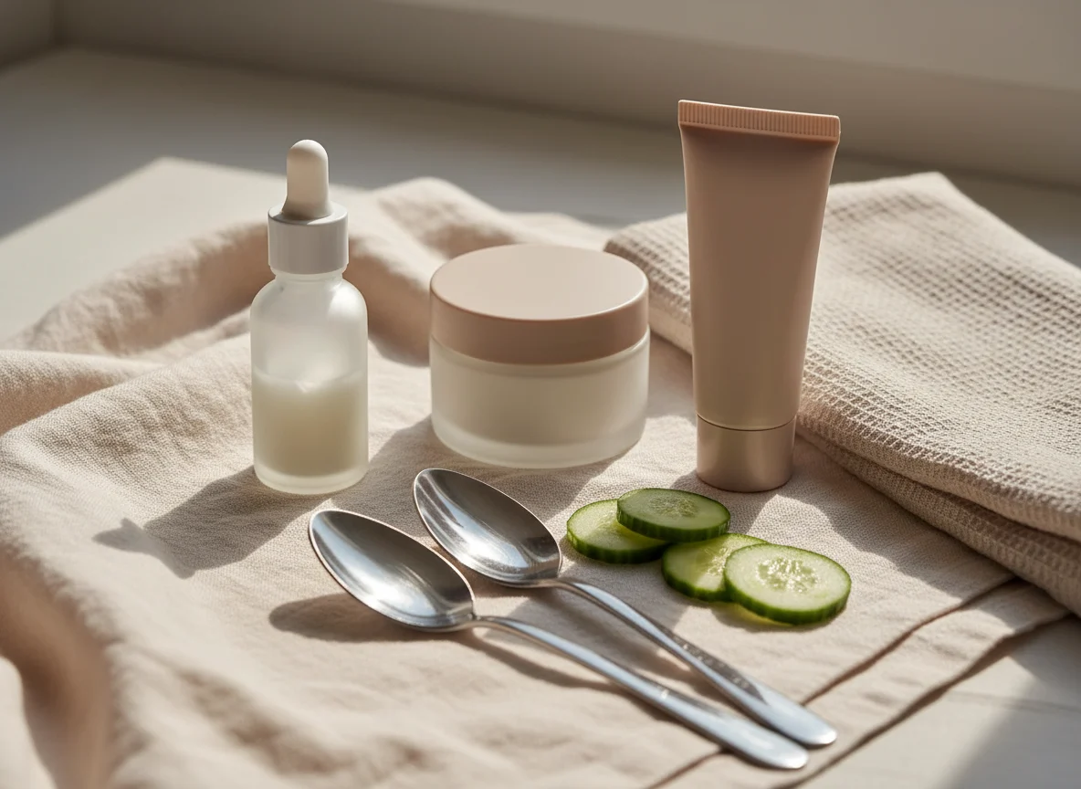 Unlabelled eye care products on cream linen with chilled spoons and cucumber slices for reducing puffy eyes