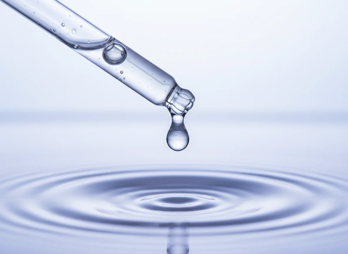 Glass dropper releasing a clear drop of hyaluronic acid serum above water ripples