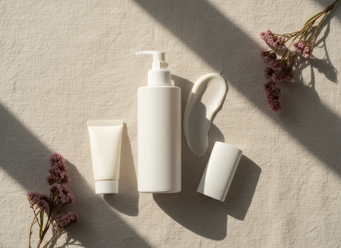 Unlabelled sunscreen bottle, tube and stick on cream linen in soft sunlight with a lotion swatch and plum-coloured dried flowers
