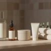 Unlabelled skincare bottles and a cream jar on a sunlit bathroom shelf, ready for a simple morning skincare routine