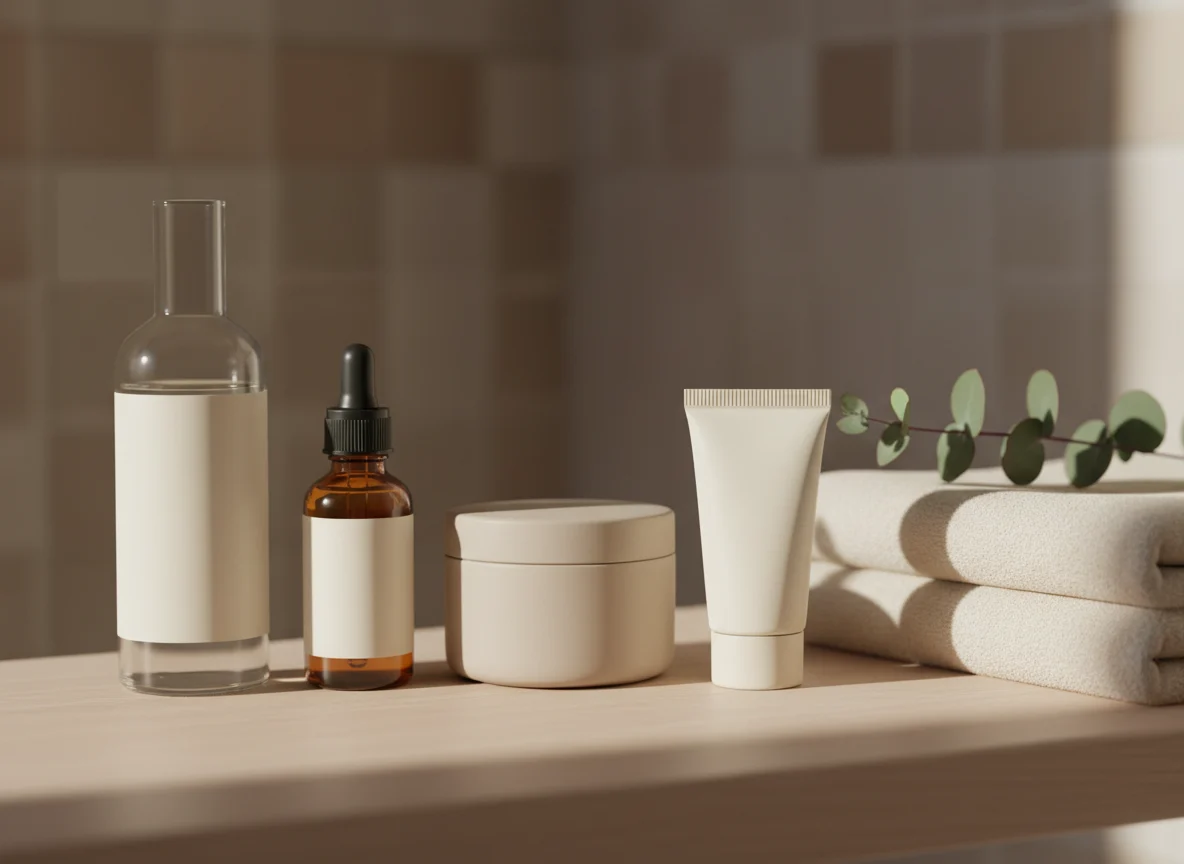 Unlabelled skincare bottles and a cream jar on a sunlit bathroom shelf, ready for a simple morning skincare routine