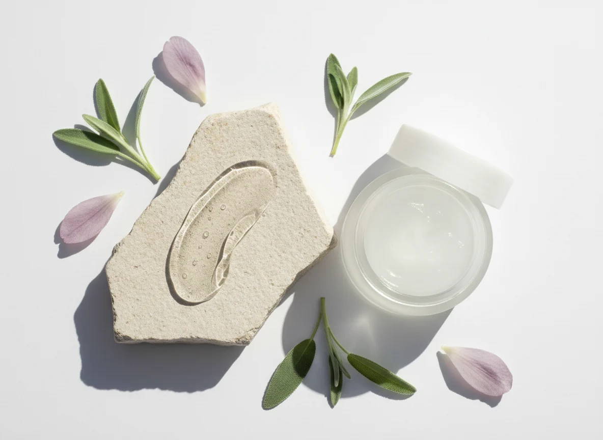 Swatch of light gel moisturiser on a stone surface with green leaves