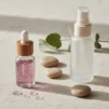 Unlabelled glass dropper bottle of jelly serum and a frosted face mist bottle on cream linen with beige pebbles and green leaves