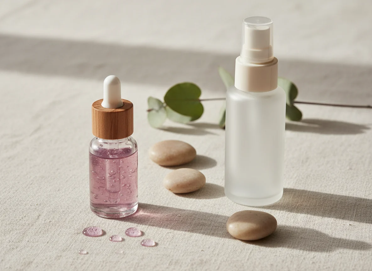 Unlabelled glass dropper bottle of jelly serum and a frosted face mist bottle on cream linen with beige pebbles and green leaves