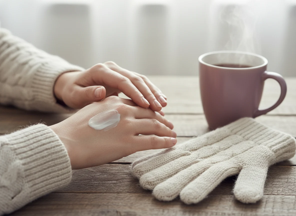 Hands applying hand cream beside a knitted glove and a cup of tea