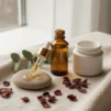 Unlabelled dropper bottle of facial oil serum and a cream jar on cream linen with plum petals, illustrating a gentle retinol alternative routine