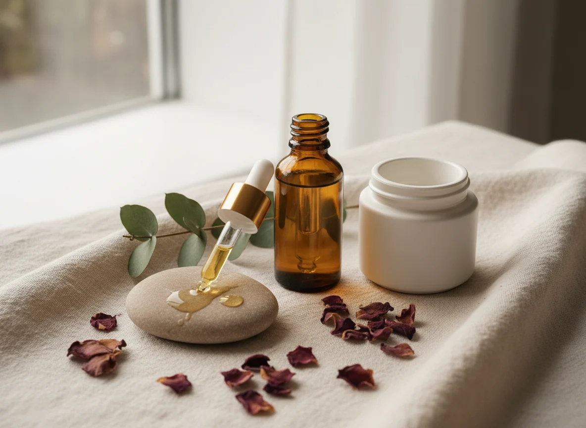 Unlabelled dropper bottle of facial oil serum and a cream jar on cream linen with plum petals, illustrating a gentle retinol alternative routine