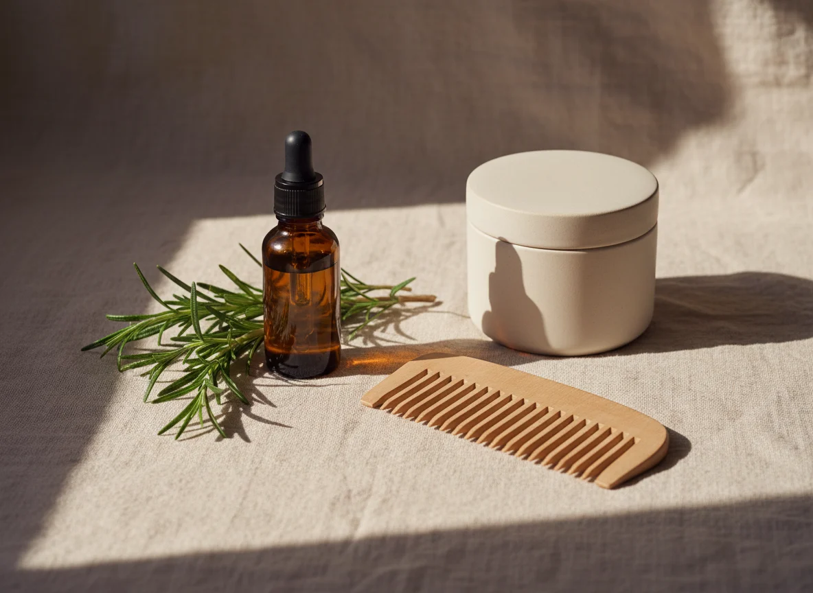 Unlabelled dropper bottle of hair oil with fresh rosemary sprigs and a wooden comb on cream linen