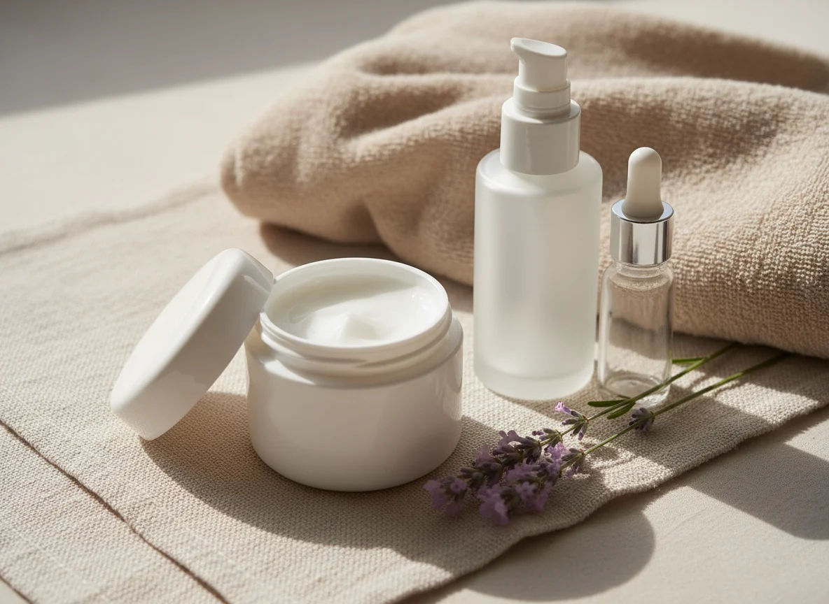 Unlabelled jar of gentle cream, pump bottle and dropper bottle on a cream linen cloth beside a soft towel