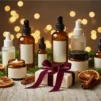 Unlabelled skincare bottles and jars wrapped with ribbon among pine branches and fairy lights