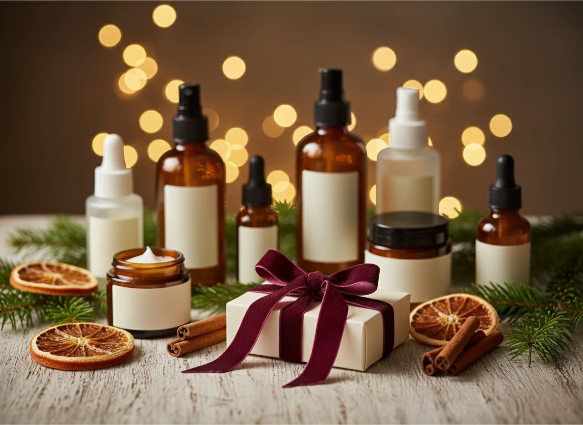 Unlabelled skincare bottles and jars wrapped with ribbon among pine branches and fairy lights
