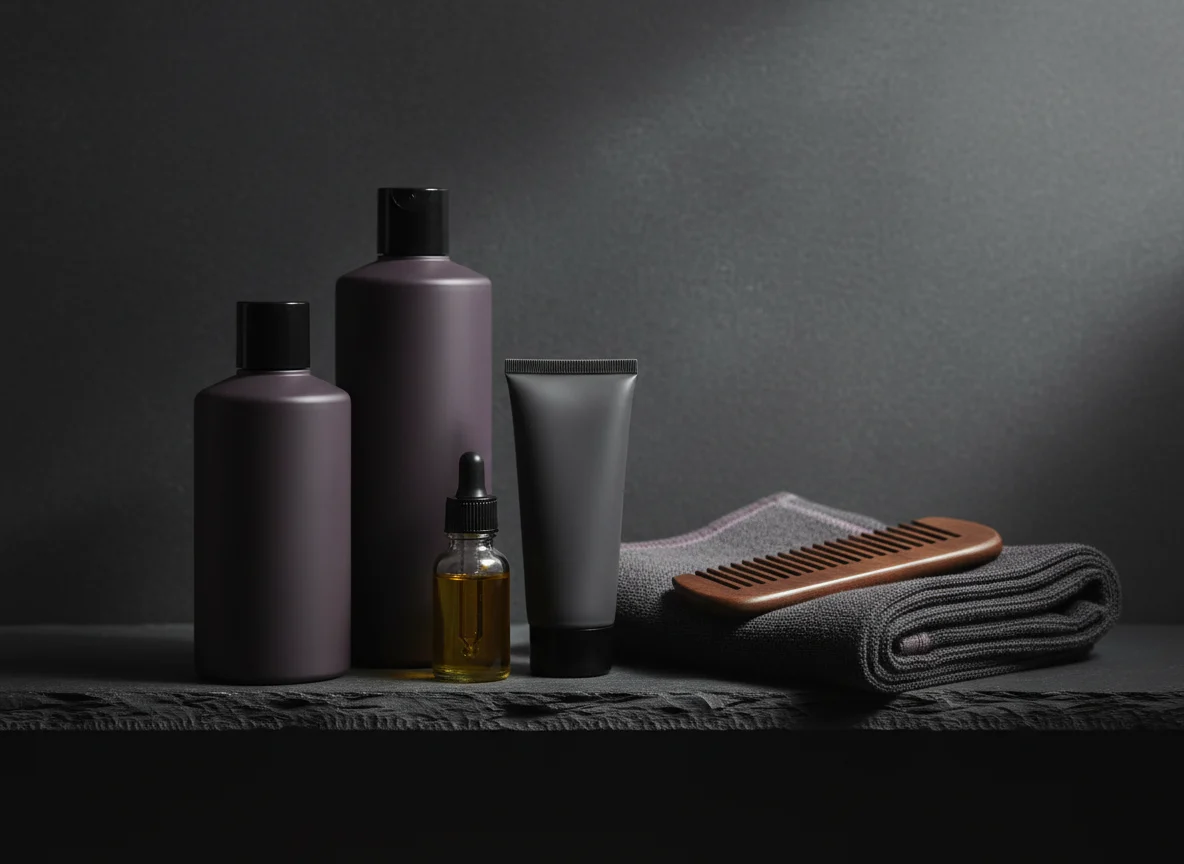 Men's grooming products, a beard oil bottle and a towel on a dark bathroom shelf