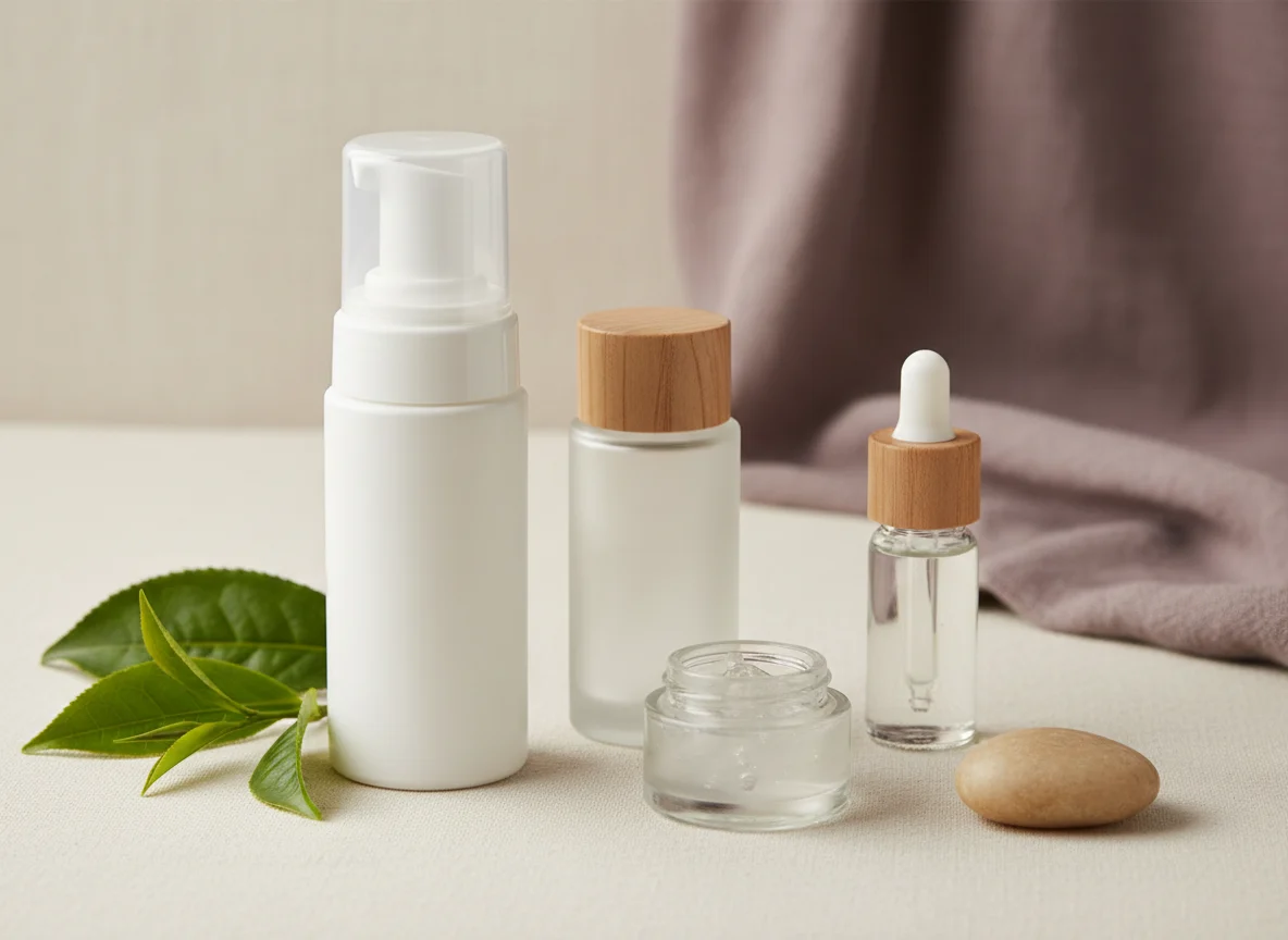 Unlabelled cleanser, toner, gel moisturiser and serum bottles arranged on cream linen for an oily skin routine