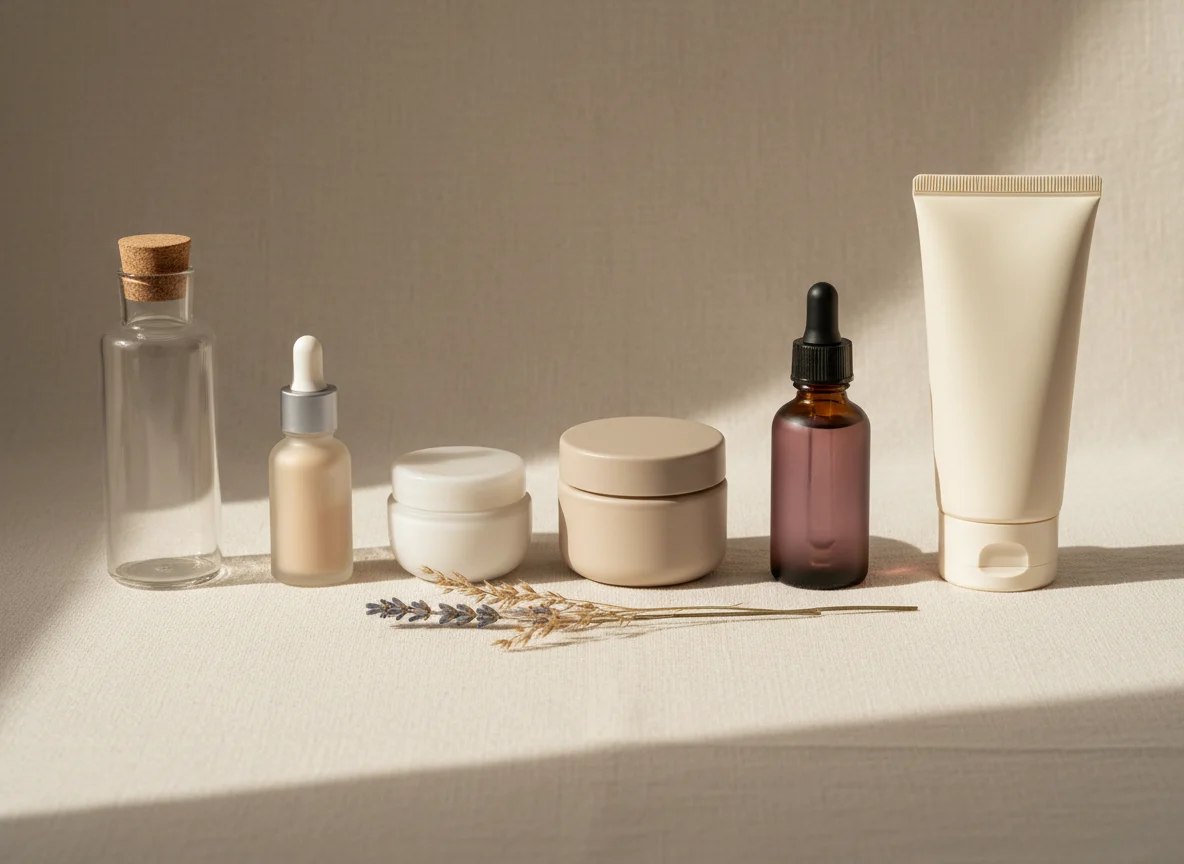 Unlabelled skincare bottles and jars arranged in a row on cream linen, showing the order of a skincare routine