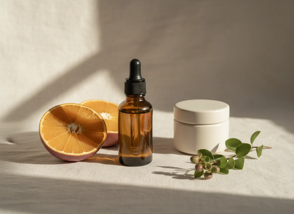 Unlabelled glass dropper serum bottle with fresh orange slices and a cream jar on a cream linen surface in soft morning light