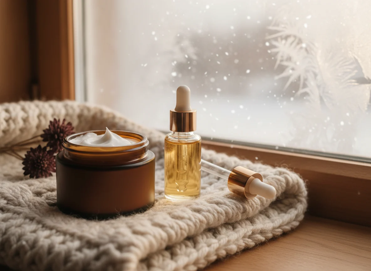 Unlabelled jar of rich face cream and a facial oil bottle on a wool knit blanket beside a frosted window
